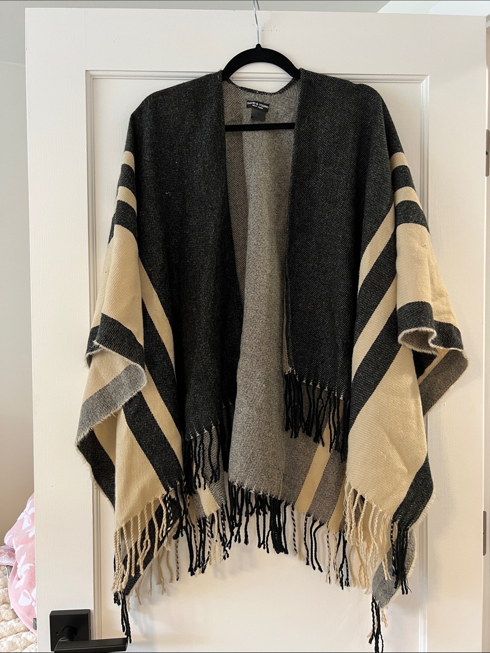 David and Young Black and Cream Fringe Wrap Poncho